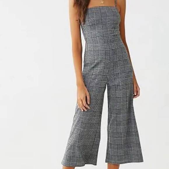 Pants - Plaid Strap Wide-Leg Jumpsuit in Gray